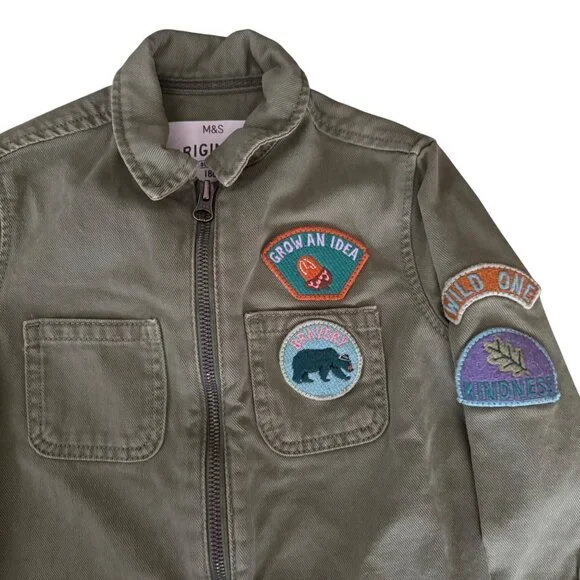 M&S Originals Boys Olive Green Adventure Jacket W/ Patches & Zipper Cotton Blen - Picture 2 of 4